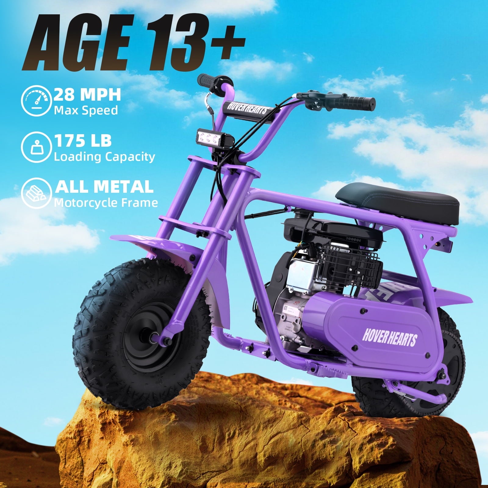 HOVERHEART Gas Mountain Bike, 105cc 4-Stroke Gas Powered Off Road Motorcycle (Model-MB001) with Led Lights, Disc Brake, Max Load 200Lbs, Up to 30Kph, NO OIL MIX REQUIRED