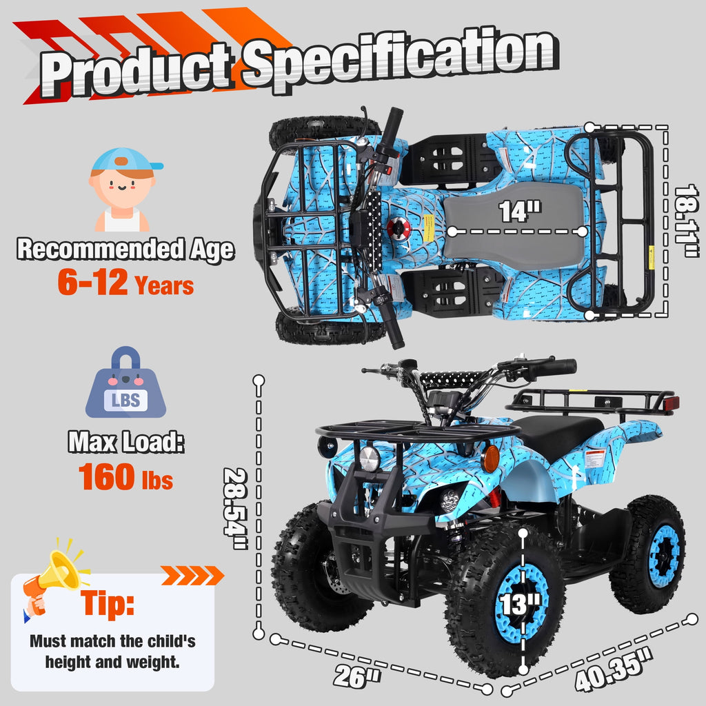 36 Volt Ride on Toys for Big Kids, Electric 4 Wheeler ATV with 500w Motor, Speed Control, Metal Frame, Suspension, Blue
