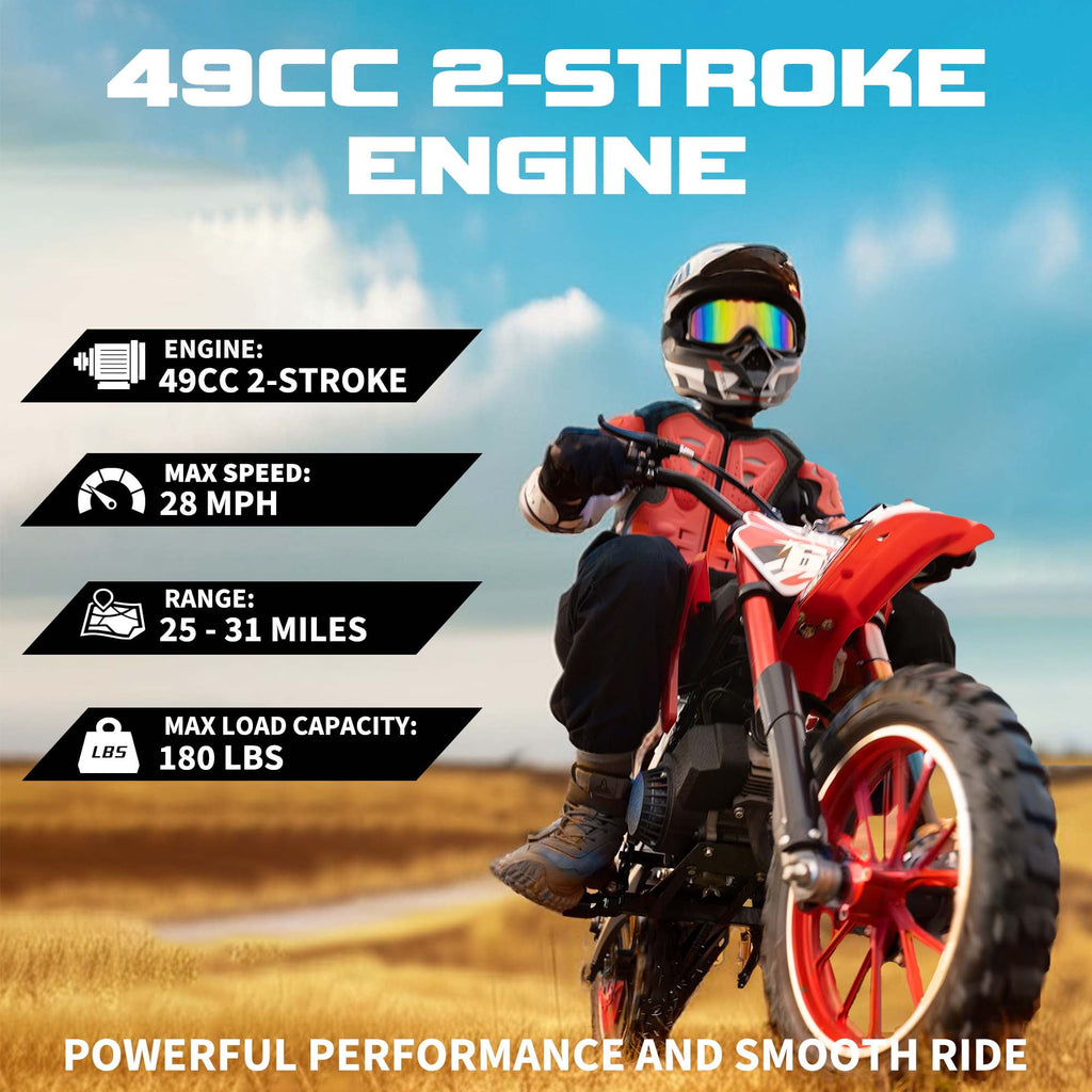 MX moto 49CC Kids Dirt Bicycle, 2-Stroke Gas Powered Off Road Motorcycle, Tire Shock Absorber Spring Soft Seat Cushion with Front and Rear Disc Brake, Max Speed 28 MPH