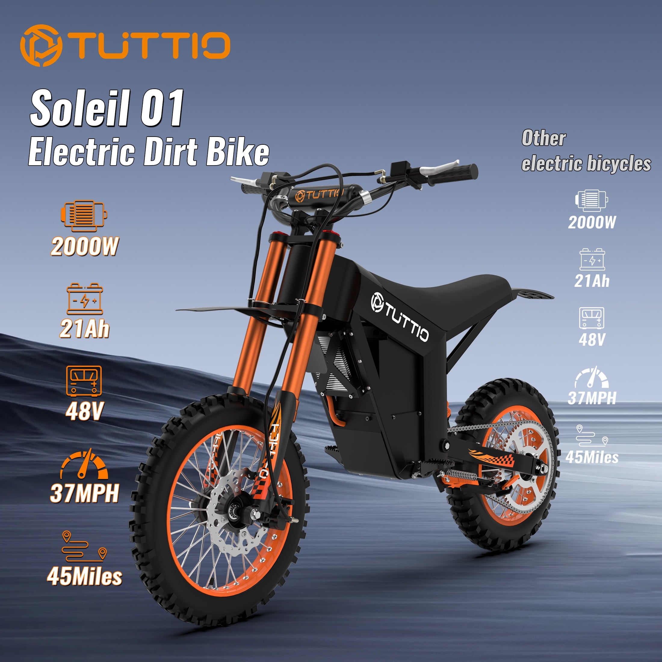 TUTTIO Soleil01 Electric Dirt Bike for Adults,200N.m High Torque, 2000W Motor, 48V 21Ah Battery, Top Speed ​​37Mph, All-terrain Electric Bicycles
