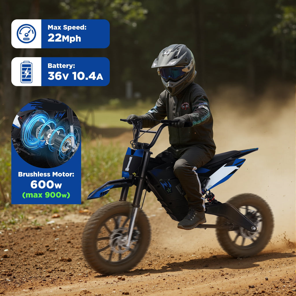Hijoke 36V Electric Dirt Bike, 900W Electric Motorcycle for Teens, 22 MPH Speed & 16 Miles Range, 10.4Ah Battery Powered Ride on Dirt Bicycle with 16" Tire and Dual Disc Brakes, 220LBS Load, Blue