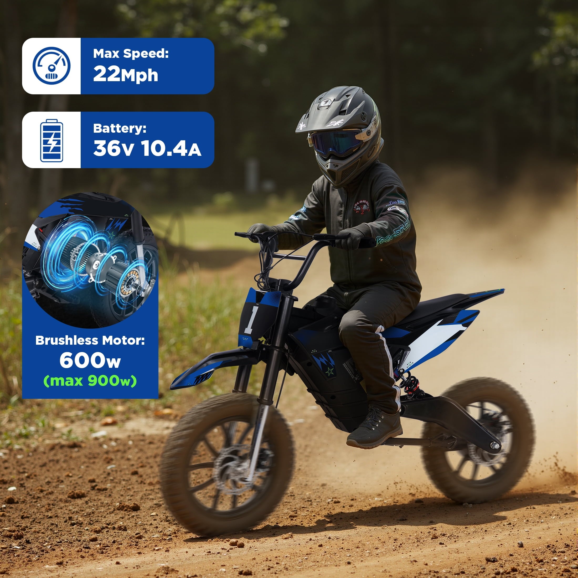 Hijoke 36V Electric Dirt Bike, 900W Electric Motorcycle for Teens, 22 MPH Speed & 16 Miles Range, 10.4Ah Battery Powered Ride on Dirt Bicycle with 16" Tire and Dual Disc Brakes, 220LBS Load, Blue