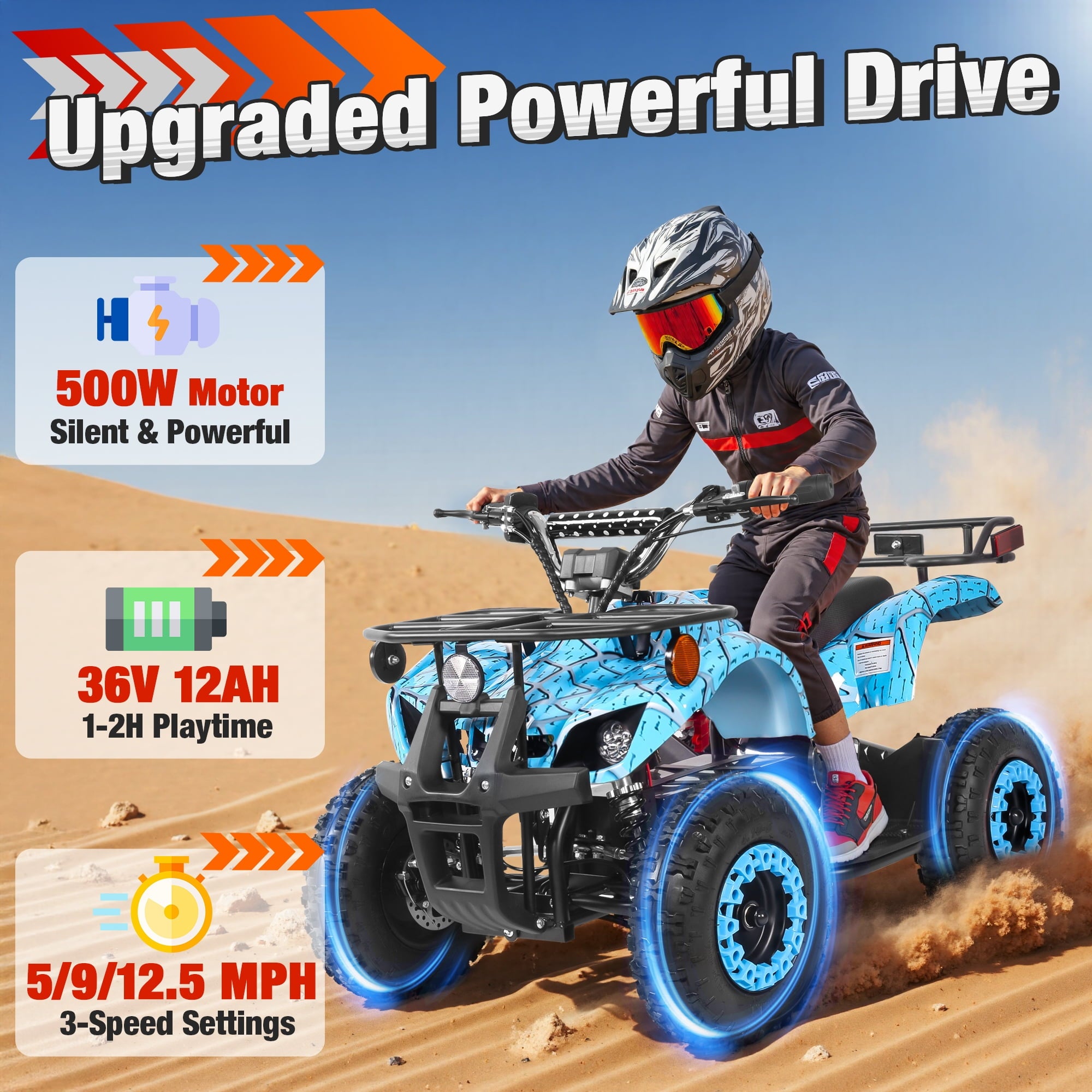 36 Volt Ride on Toys for Big Kids, Electric 4 Wheeler ATV with 500w Motor, Speed Control, Metal Frame, Suspension, Blue
