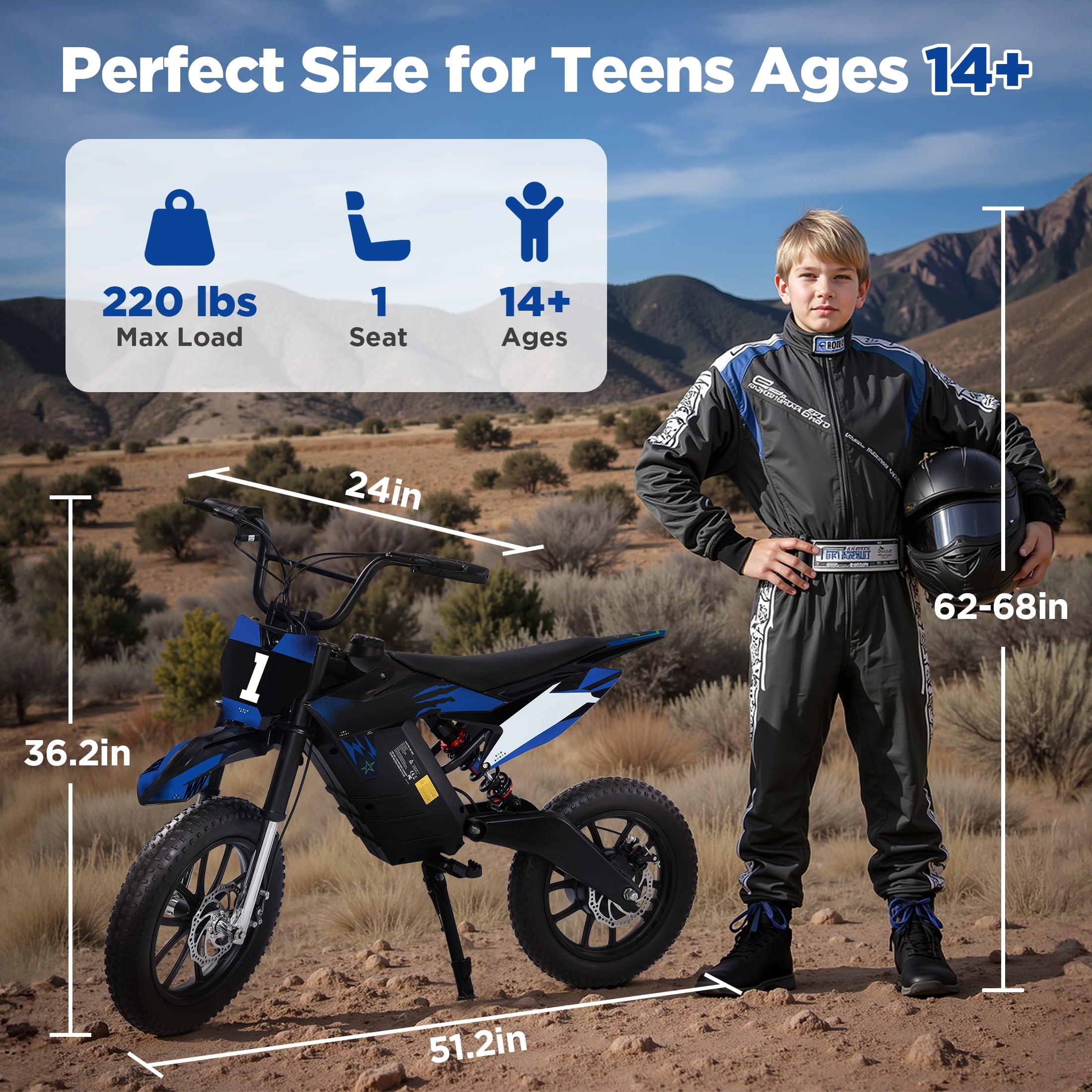 Hijoke 36V Electric Dirt Bike, 900W Electric Motorcycle for Teens, 22 MPH Speed & 16 Miles Range, 10.4Ah Battery Powered Ride on Dirt Bicycle with 16" Tire and Dual Disc Brakes, 220LBS Load, Blue
