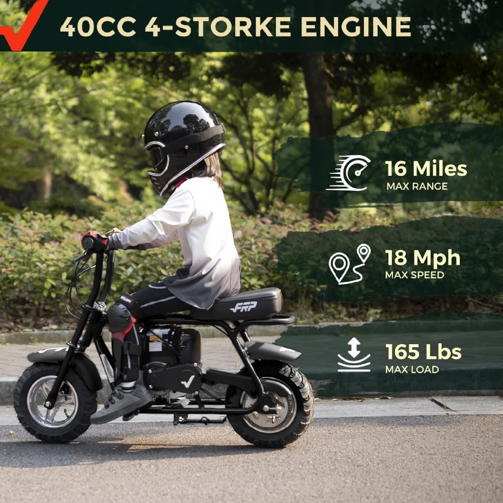 FRP 40CC Mini Dirt Bike, 4-Stroke  Kids Mini Bike with Pull Start, Easy to Assemble Mini Pit Bike, 18 Mph Max Speed and Support Up to 165 LBS (Black)