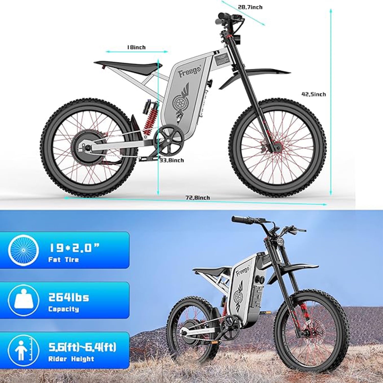 Freego X2 Pro 6000W(Peak) Motor Electric Dirt Bike for Adult, 60V30AH Battery Electric Motorcycle ,50MPH Speed Electric Bicycle,19x2'' Full Suspension/Hydraulic Brake