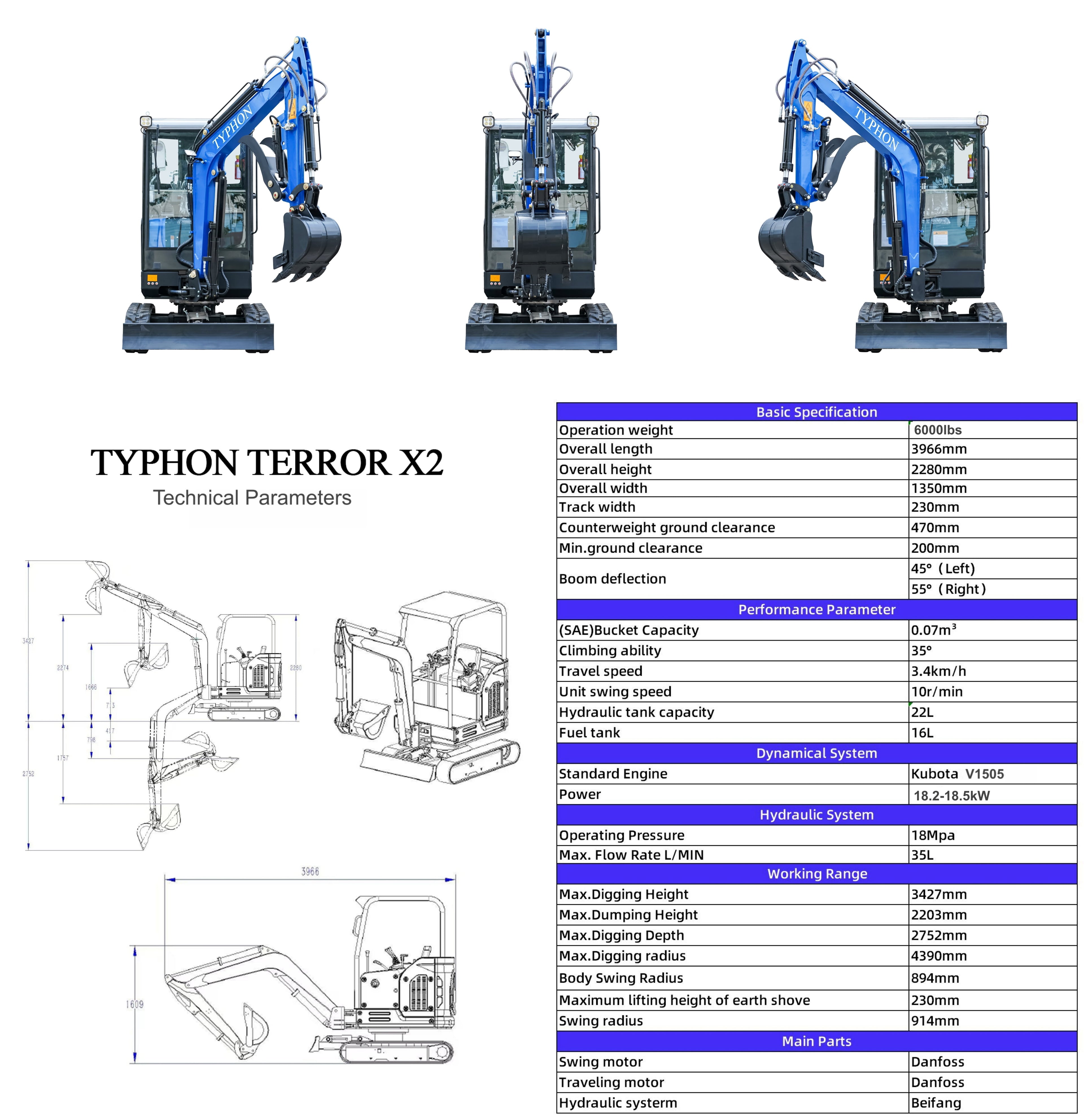 TYPHON TERROR X2 Mini Excavator 2.7 Ton EPA Diesel Kubota V1505 Engine USA