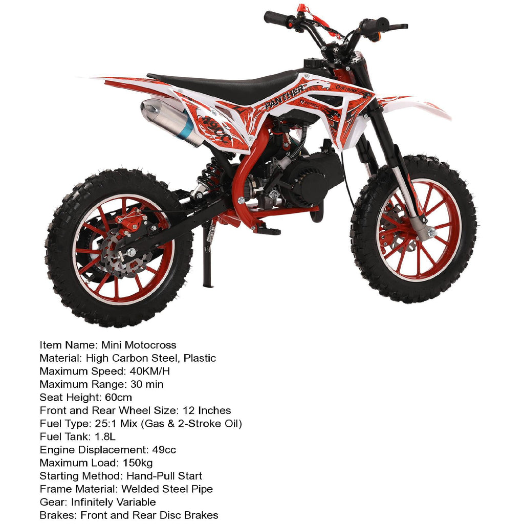 AQMD 49cc 2-Stroke Kids Dirt Bike, Gas Power Motocross, Off Road Mini Motorcycle, Pocket Motorbike with Front Rear Disc Brakes, Racing Max Speed 40KM/H (Red)