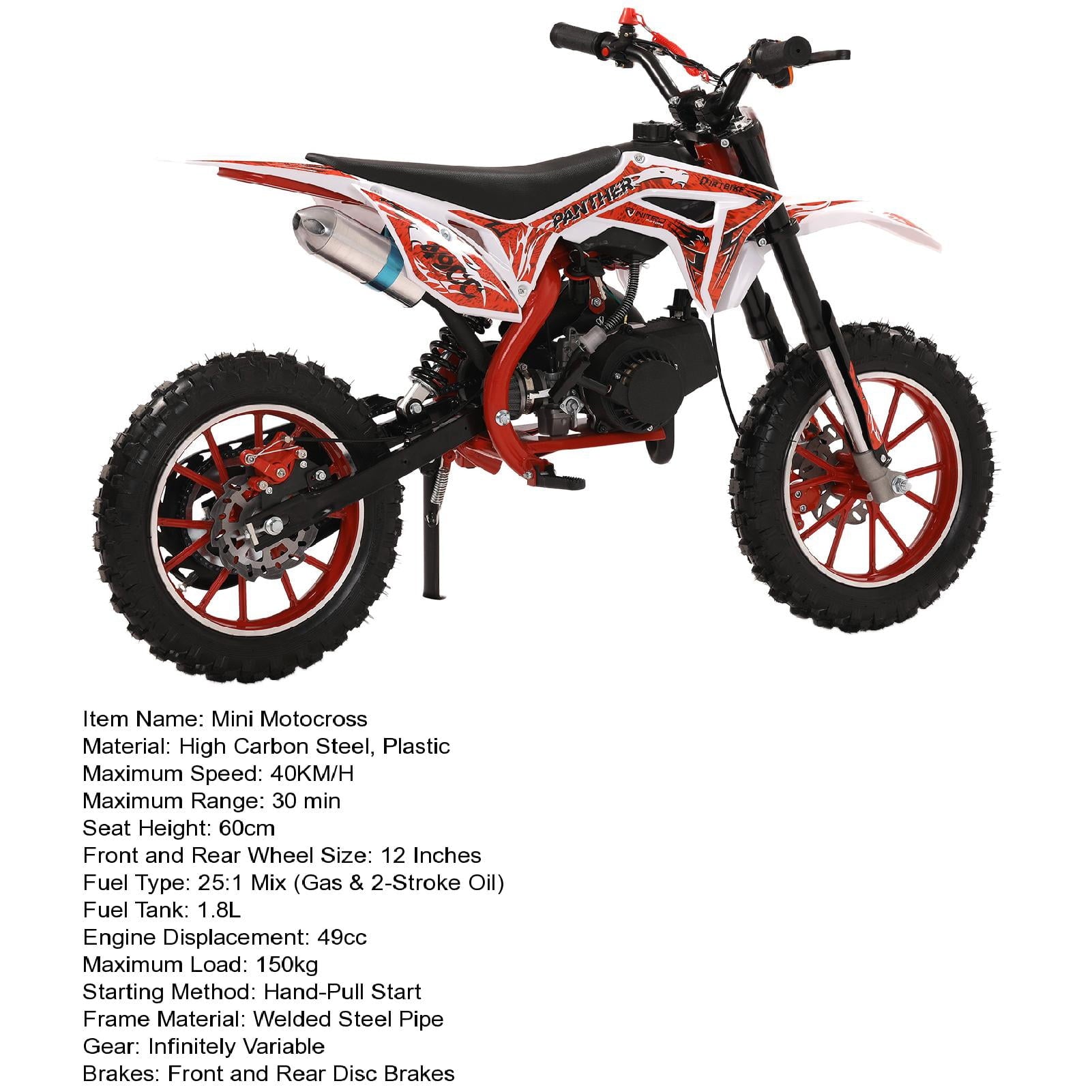 AQMD 49cc 2-Stroke Kids Dirt Bike, Gas Power Motocross, Off Road Mini Motorcycle, Pocket Motorbike with Front Rear Disc Brakes, Racing Max Speed 40KM/H (Red)