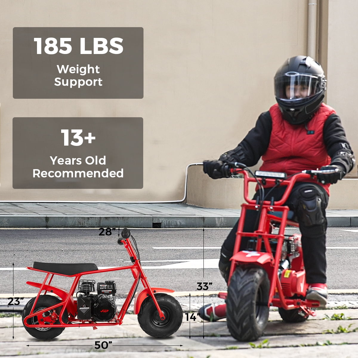 FRP Basic Package GMB100 Gas Powered Mini Dirt Bike 99CC for Kids and Adult, 24MPH Off Road Motorcycle, Weight Support Up to 185 LBS - Red