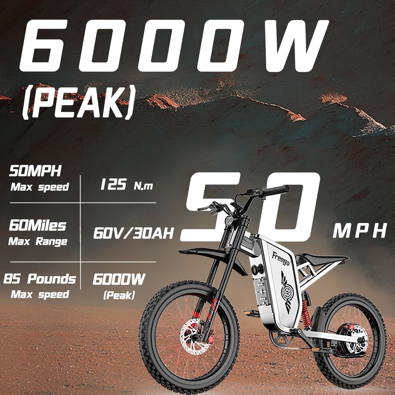 Freego X2 Pro 6000W(Peak) Motor Electric Dirt Bike for Adult, 60V30AH Battery Electric Motorcycle ,50MPH Speed Electric Bicycle,19x2'' Full Suspension/Hydraulic Brake