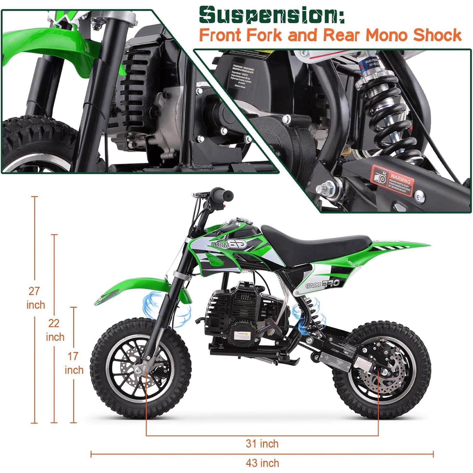 Mini Kid Dirt Bike, 49 CC 2-Stroke Gas Bike with Off-Rode Tire, Suspensions, Up to 20Mph